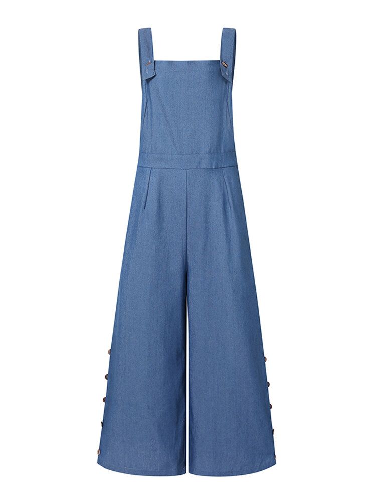 Frauen-denim-normallack-knopf-lose Overalls Beiläufige Breite Beintaschen-overalls