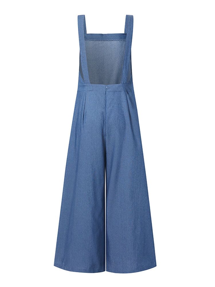 Frauen-denim-normallack-knopf-lose Overalls Beiläufige Breite Beintaschen-overalls