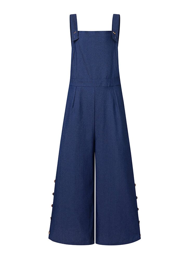 Frauen-denim-normallack-knopf-lose Overalls Beiläufige Breite Beintaschen-overalls