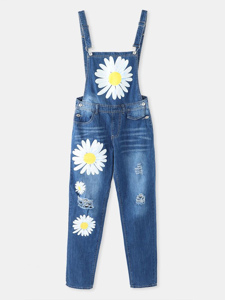 Frauen Gänseblümchen-muster-druckriemen Zerrissener Beiläufiger Stilvoller Denim-overall