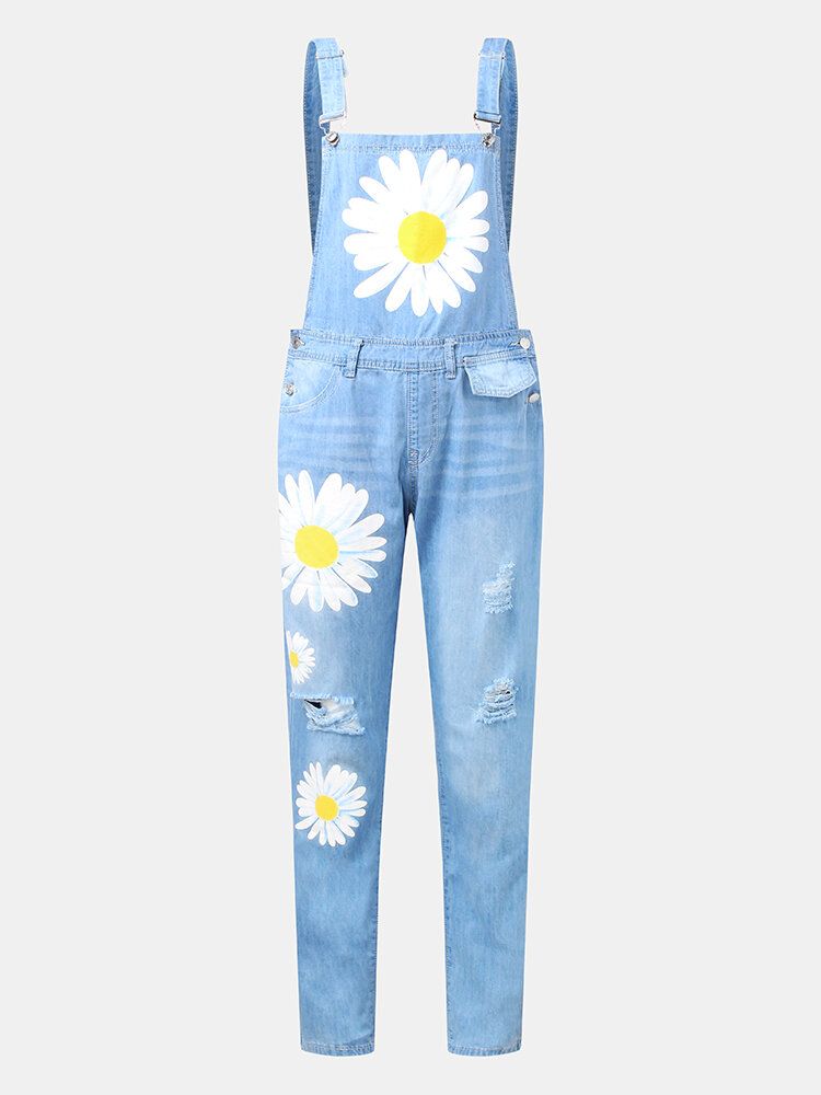 Frauen Gänseblümchen-muster-druckriemen Zerrissener Beiläufiger Stilvoller Denim-overall