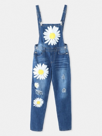 Frauen Gänseblümchen-muster-druckriemen Zerrissener Beiläufiger Stilvoller Denim-overall