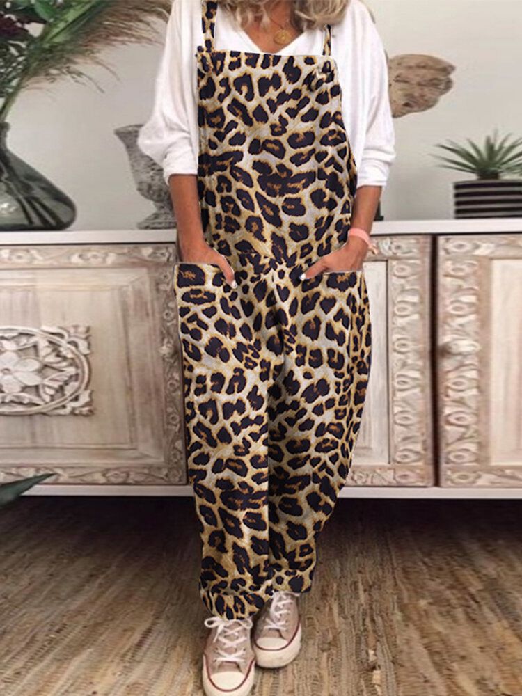 Frauen Leopard Bedruckter Eckiger Ausschnitt Kordelzug Ärmellose Knöchellange Overalls