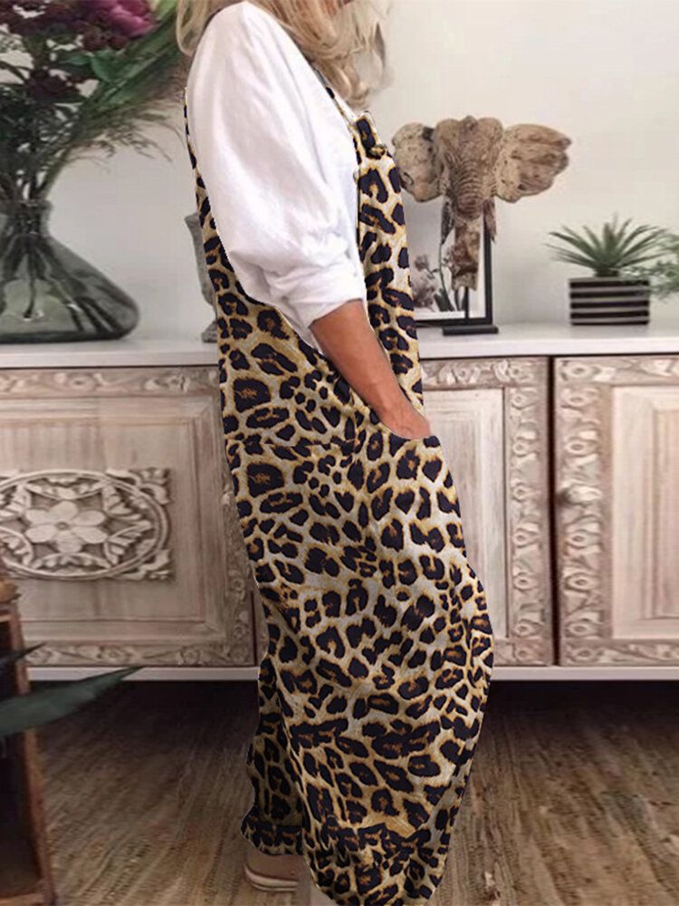 Frauen Leopard Bedruckter Eckiger Ausschnitt Kordelzug Ärmellose Knöchellange Overalls