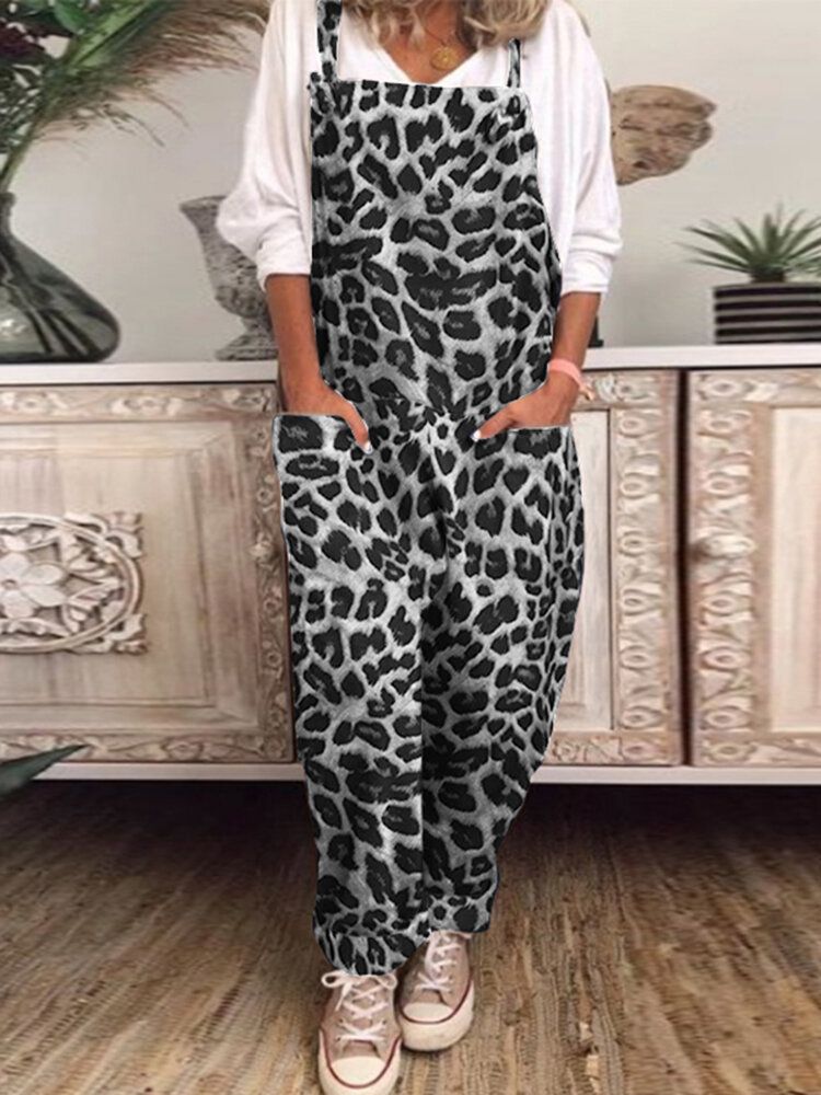 Frauen Leopard Bedruckter Eckiger Ausschnitt Kordelzug Ärmellose Knöchellange Overalls