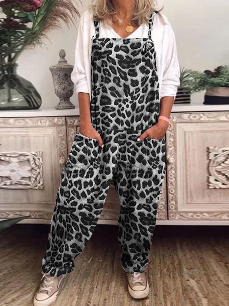 Frauen Leopard Bedruckter Eckiger Ausschnitt Kordelzug Ärmellose Knöchellange Overalls