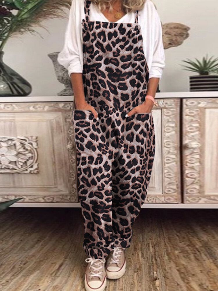 Frauen Leopard Bedruckter Eckiger Ausschnitt Kordelzug Ärmellose Knöchellange Overalls