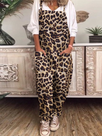 Frauen Leopard Bedruckter Eckiger Ausschnitt Kordelzug Ärmellose Knöchellange Overalls