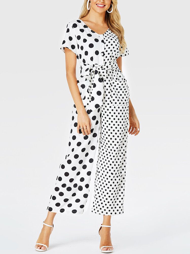 Frauen Polka Dots Print Patchwork Geknotet Kurzarm Casual Jumpsuit Mit Tasche