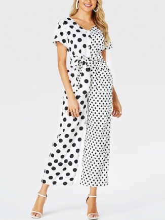 Frauen Polka Dots Print Patchwork Geknotet Kurzarm Casual Jumpsuit Mit Tasche