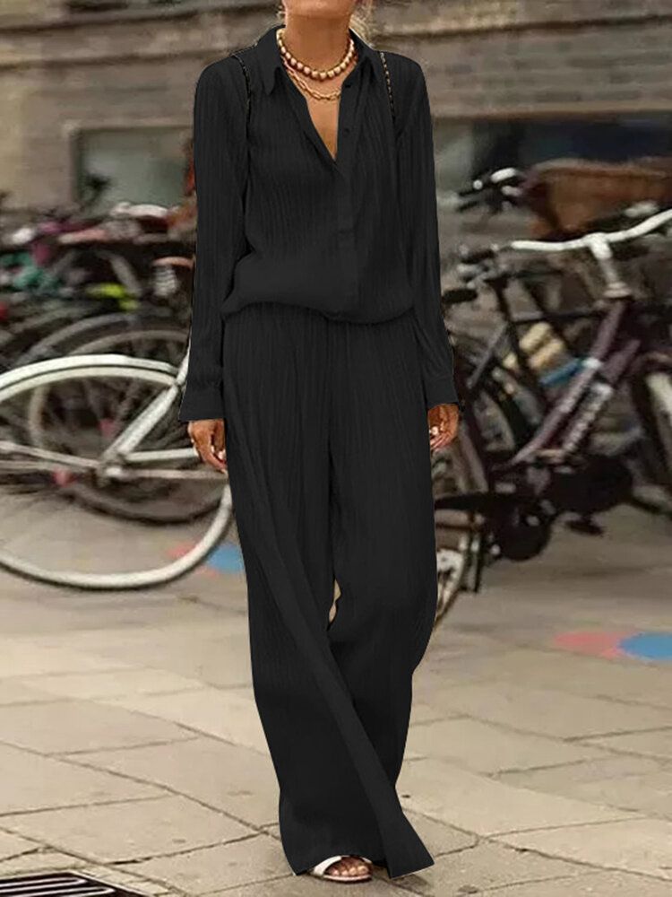 Lässige Plissierte Seitentaschenknöpfe Für Damen Maxi-länge Revers-overalls