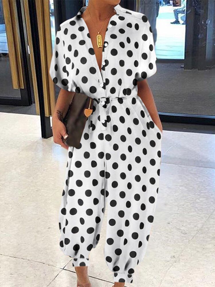 Lässiger Polka Dot Print Revers Short Sleeve Button Belted Pocket Jumpsuits Für Damen