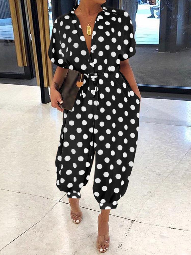 Lässiger Polka Dot Print Revers Short Sleeve Button Belted Pocket Jumpsuits Für Damen