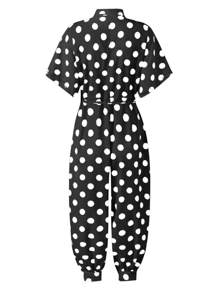 Lässiger Polka Dot Print Revers Short Sleeve Button Belted Pocket Jumpsuits Für Damen