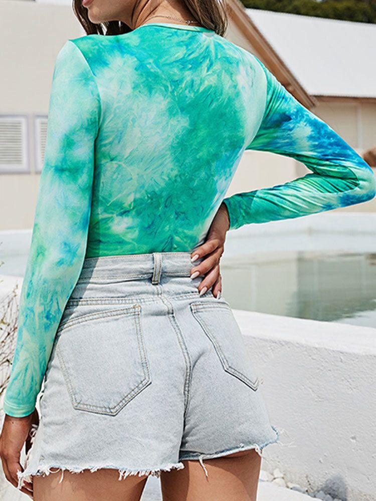 Langärmliger Tie-dye-print Mit O-ausschnitt Eng Anliegender Sport-bodysuit