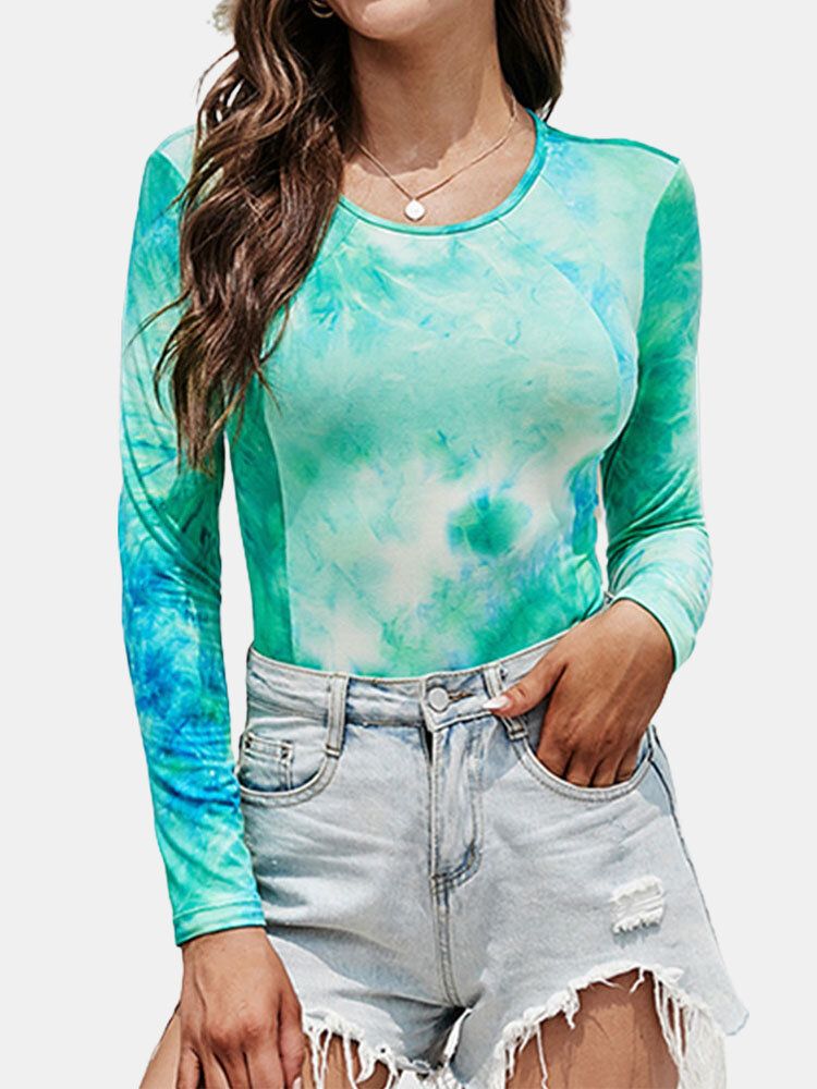 Langärmliger Tie-dye-print Mit O-ausschnitt Eng Anliegender Sport-bodysuit