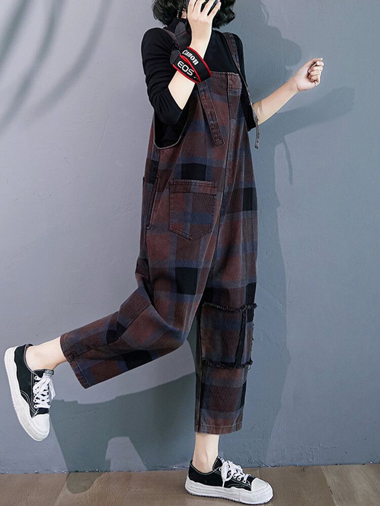 Plaid Print Demin Pockets Causal Harem Jumpsuit Für Frauen