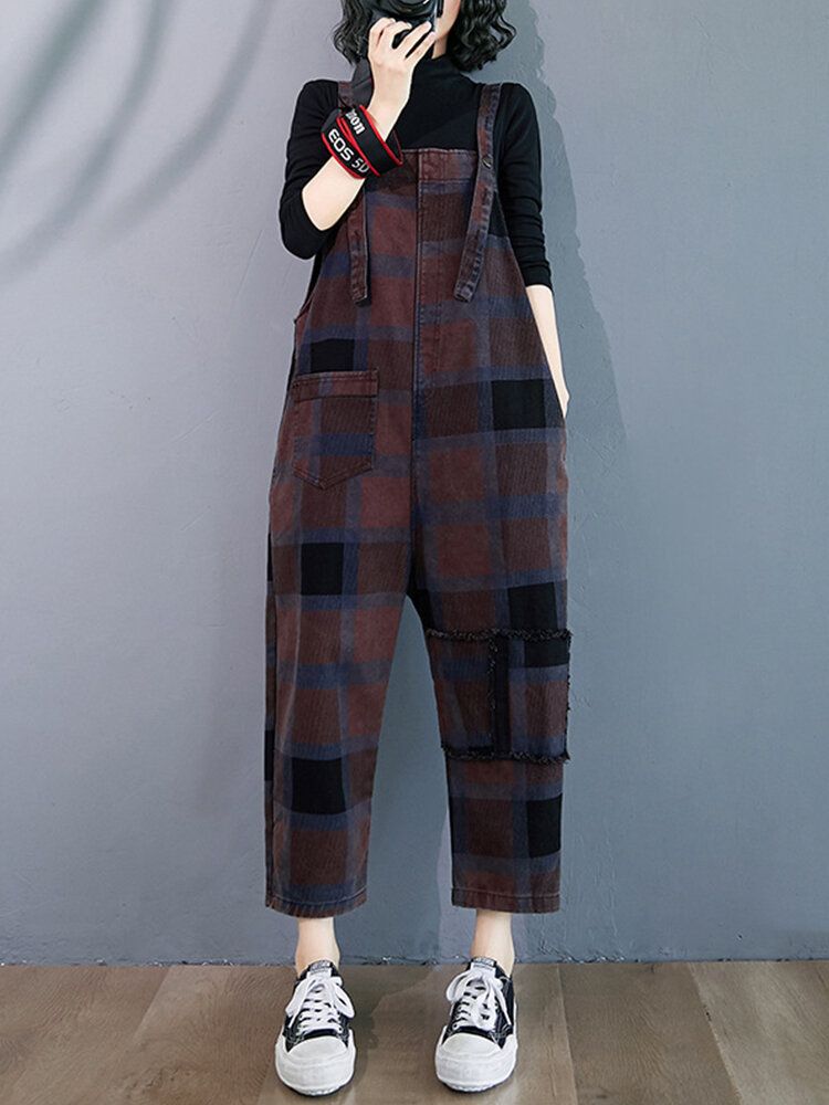 Plaid Print Demin Pockets Causal Harem Jumpsuit Für Frauen