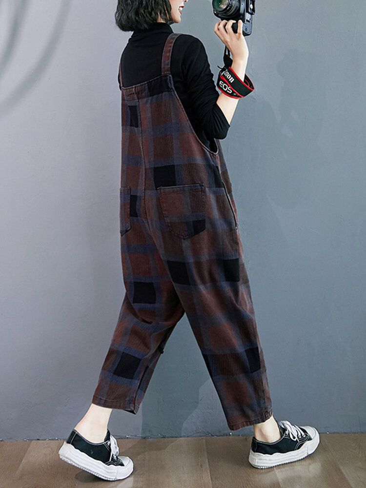 Plaid Print Demin Pockets Causal Harem Jumpsuit Für Frauen