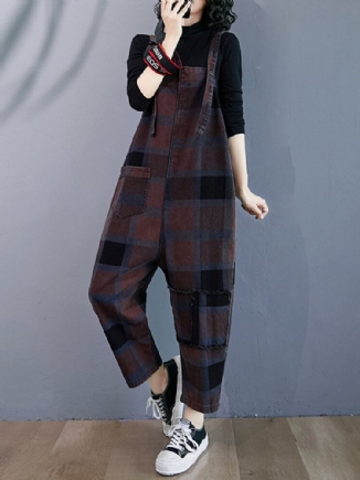 Plaid Print Demin Pockets Causal Harem Jumpsuit Für Frauen