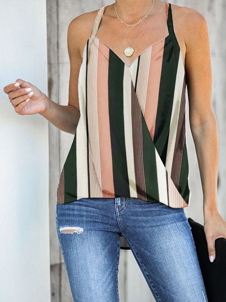 Grün Gestreiftes Ärmelloses Neckholder-tanktop Mit V-ausschnitt Und Kreuzdesign Vorne