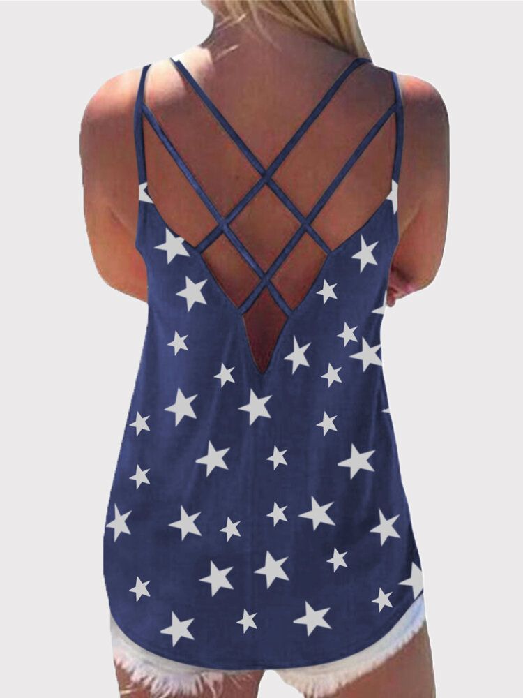 Star Print Back Cross Sleeveless Sling Casual Wild Tank Top