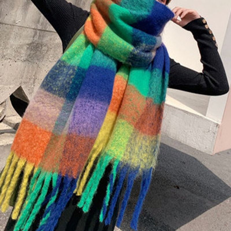 Damen-kaschmir-dual-use-regenbogen-mixed-color-streifen Verdicken Warm Plus Langer Quasten-schal-schal