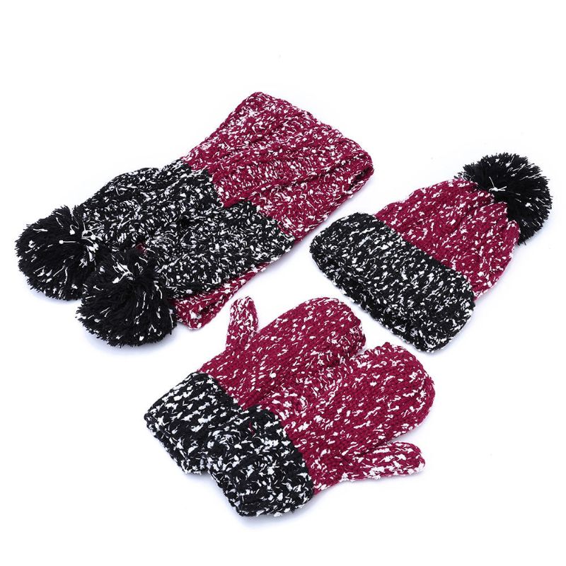 Damen Mädchen Weihnachten Strick Schnee Mütze Handschuhe Schal Winter Warm Trend Dreiteiliges Set