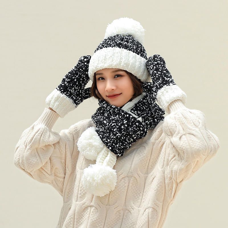 Damen Mädchen Weihnachten Strick Schnee Mütze Handschuhe Schal Winter Warm Trend Dreiteiliges Set