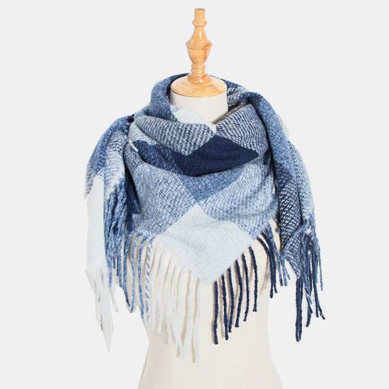 Frauen Tie-dyed Kontrastfarbe Streifen Gittermuster Quaste Winter Halten Warm Mehrzweck-schal Schal