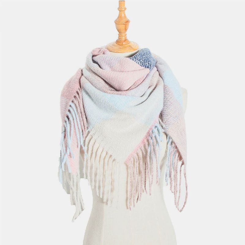 Frauen Tie-dyed Kontrastfarbe Streifen Gittermuster Quaste Winter Halten Warm Mehrzweck-schal Schal