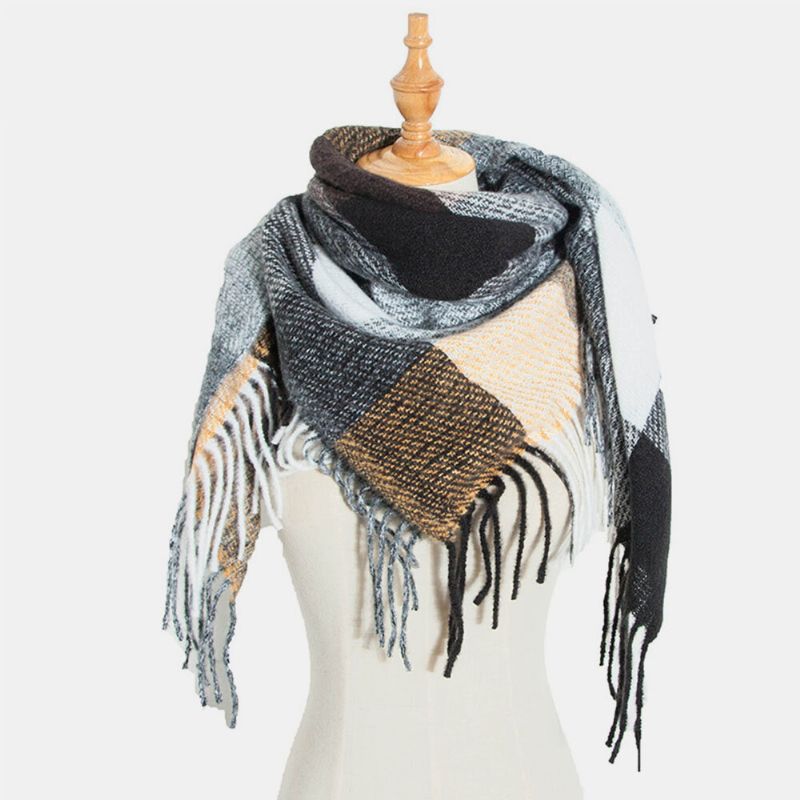 Frauen Tie-dyed Kontrastfarbe Streifen Gittermuster Quaste Winter Halten Warm Mehrzweck-schal Schal