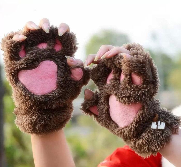 Damen Mädchen Fluffy Plüsch Bear Cat Paw Fingerlose Handschuhe Paw Handschuh Winter Warme Fäustlinge