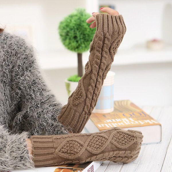 Frauen-winter-warme Strickende Fingerlose Langärmlige Handschuhe Lässige Handschuhe Mit Rautenmuster