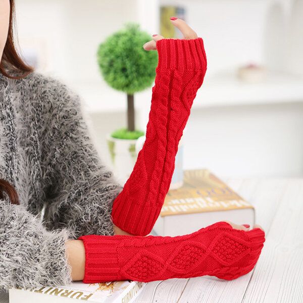 Frauen-winter-warme Strickende Fingerlose Langärmlige Handschuhe Lässige Handschuhe Mit Rautenmuster