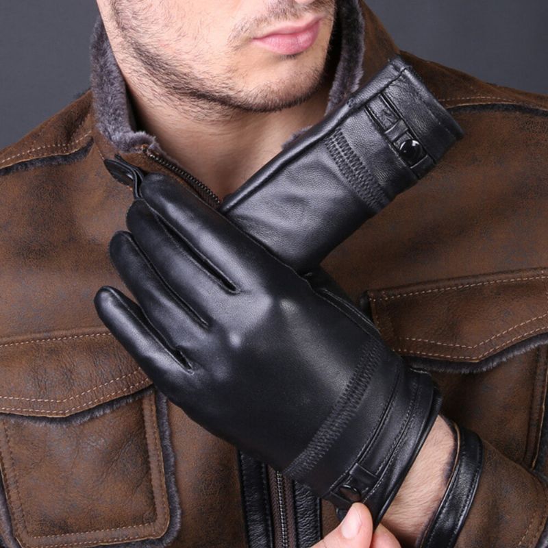 Herren Lammfell Winter Warm Plus Samt Verdicken Vollfinger-handschuhe Outdoor Winddicht Reiten Fahrhandschuhe