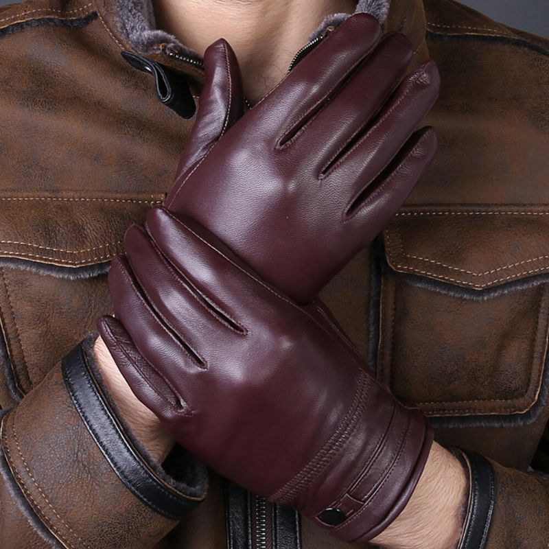 Herren Lammfell Winter Warm Plus Samt Verdicken Vollfinger-handschuhe Outdoor Winddicht Reiten Fahrhandschuhe