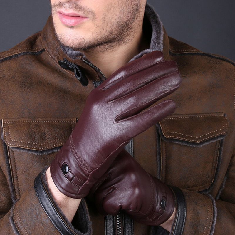 Herren Lammfell Winter Warm Plus Samt Verdicken Vollfinger-handschuhe Outdoor Winddicht Reiten Fahrhandschuhe