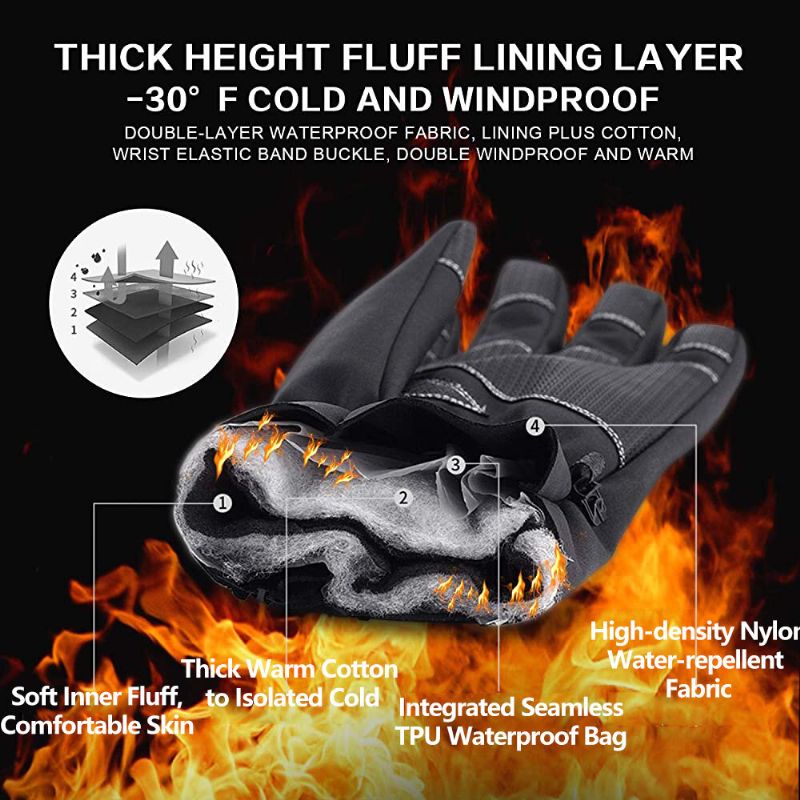 Unisex Outdoor Sports Plus Velvet Thicken Windproof Cold Proctection Warm Zipper Touchscreen Gloves Winter Riding Mountaineering Ski Gloves