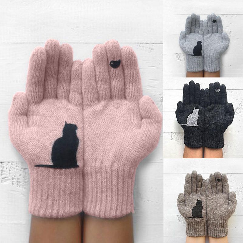 Wollhandschuhe Für Damen Herbst Winter Draußen Warm Kalt Gefütterter Handschuh Mit Katzen-vogelmuster