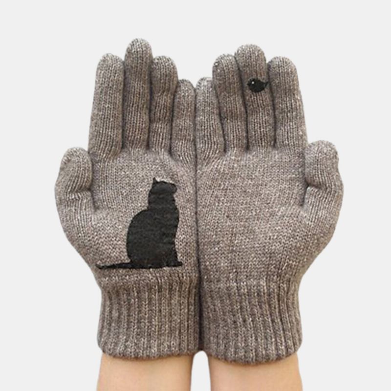 Wollhandschuhe Für Damen Herbst Winter Draußen Warm Kalt Gefütterter Handschuh Mit Katzen-vogelmuster