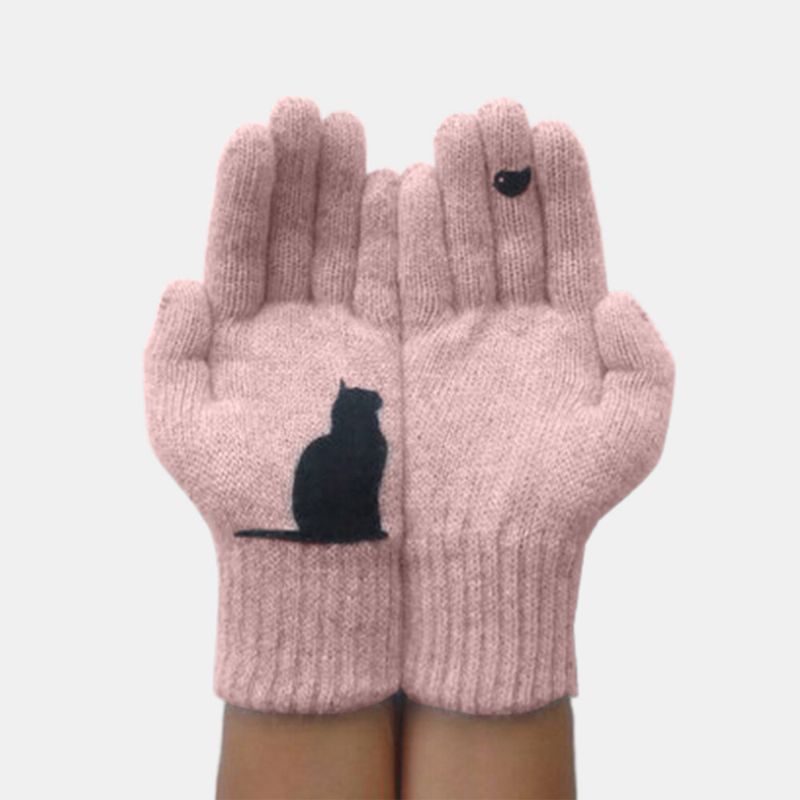 Wollhandschuhe Für Damen Herbst Winter Draußen Warm Kalt Gefütterter Handschuh Mit Katzen-vogelmuster