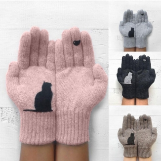 Wollhandschuhe Für Damen Herbst Winter Draußen Warm Kalt Gefütterter Handschuh Mit Katzen-vogelmuster