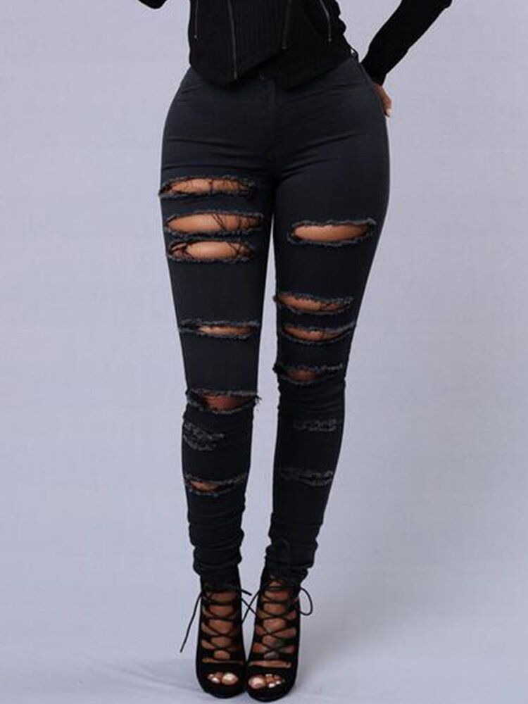 Damen Casual Skinny Random Ripped Solid Jeans Für Damen