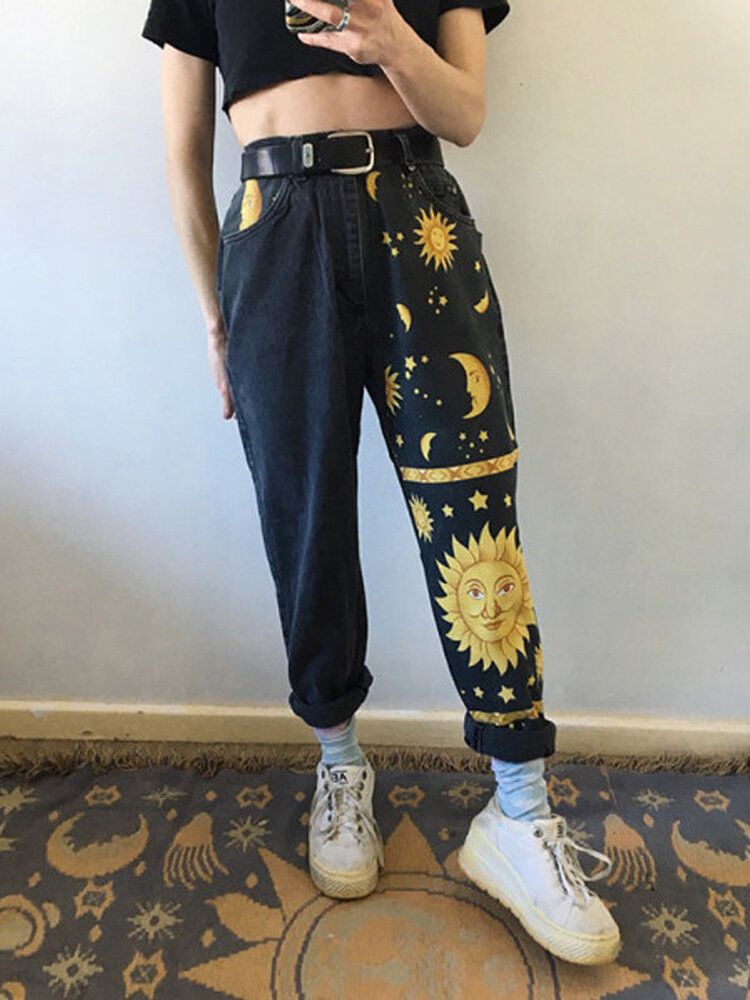 Damen Design Cartoon Disk Sun Moon Print Jeans Mit Hoher Taille