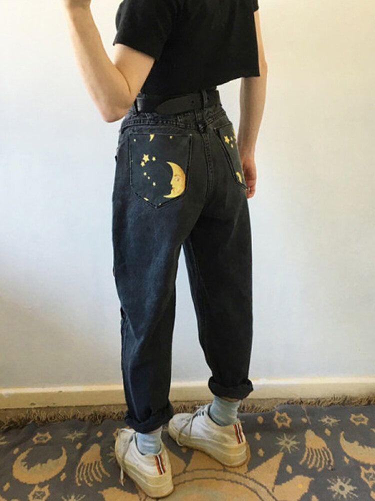 Damen Design Cartoon Disk Sun Moon Print Jeans Mit Hoher Taille