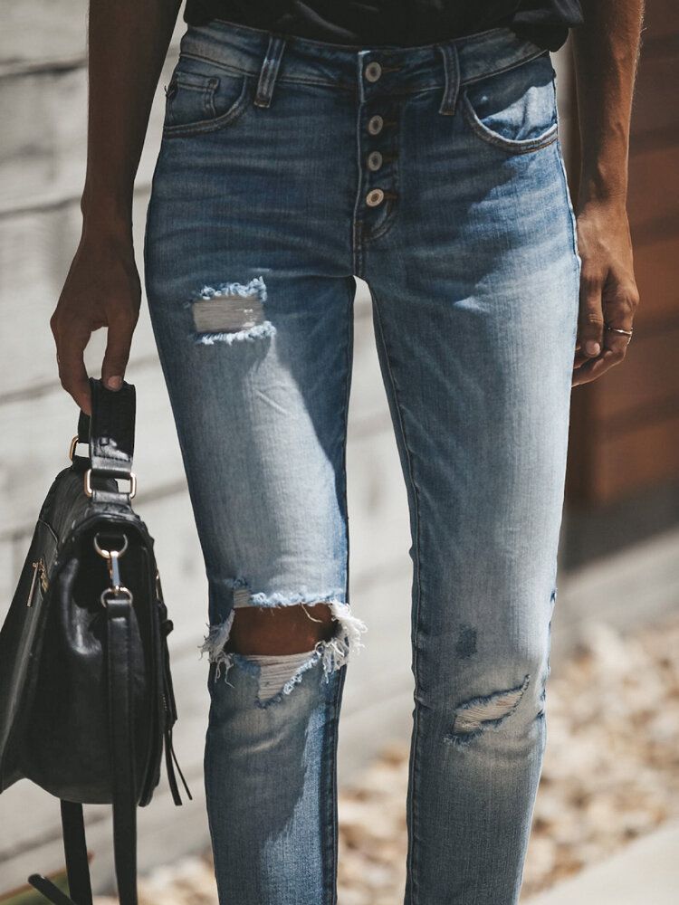 Damen-freizeit-knopf Aushöhlen Zerrissene Tägliche Lässige Jeans