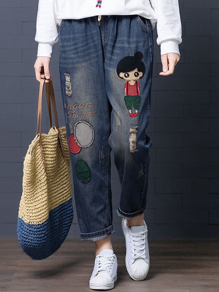 Denim-jeans Mit Hohlem Tunnelzug Und Cartoon-stickerei