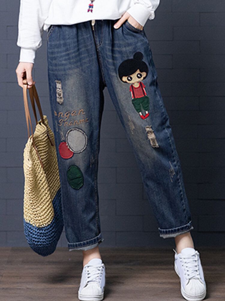 Denim-jeans Mit Hohlem Tunnelzug Und Cartoon-stickerei