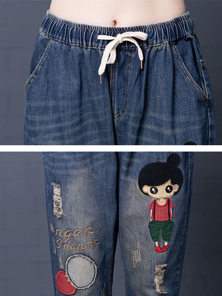 Denim-jeans Mit Hohlem Tunnelzug Und Cartoon-stickerei